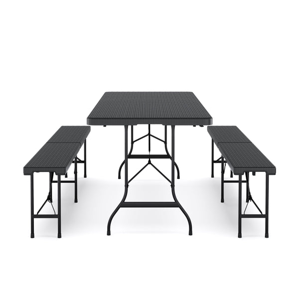 Campingtisch Set klappbar 180 cm Rattanoptik schwarz
