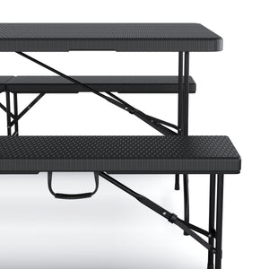 Campingtisch Set klappbar 180 cm Rattanoptik schwarz