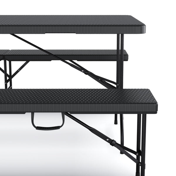 Campingtisch Set klappbar 180 cm Rattanoptik schwarz