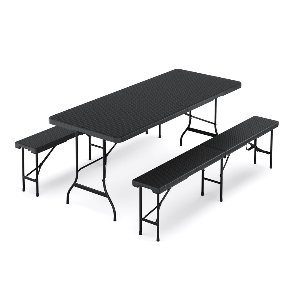 Campingtisch Set klappbar 180 cm Rattanoptik schwarz