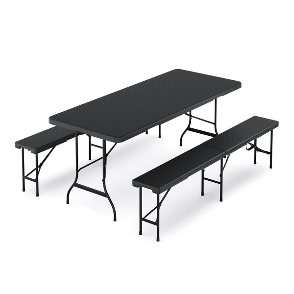 Campingtisch Set klappbar 180 cm Rattanoptik schwarz