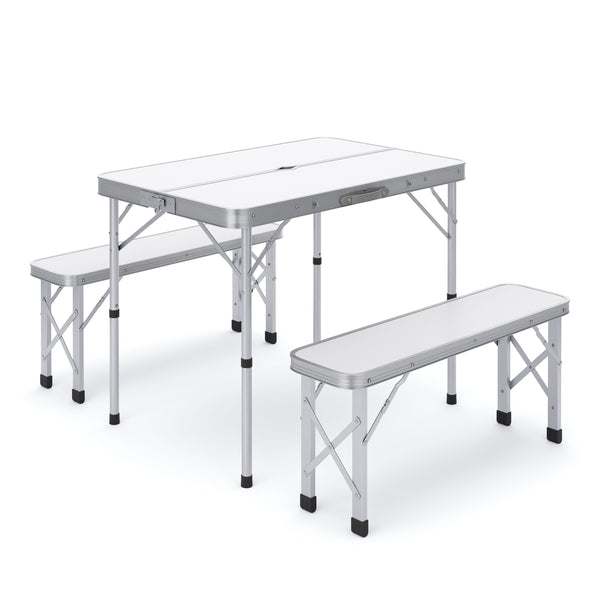 Camping Koffertisch mit 2 Sitzbänken weiss