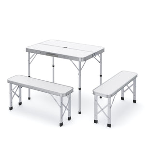 Camping Koffertisch mit 2 Sitzbänken weiss