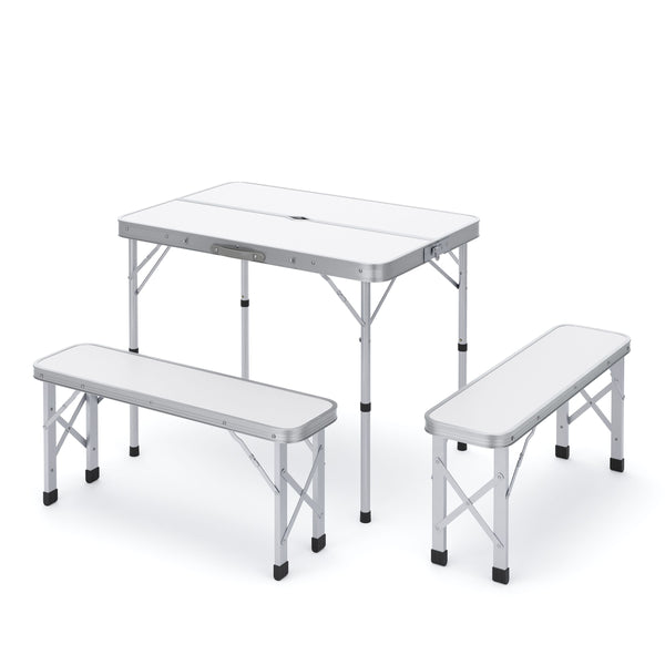 Camping Koffertisch mit 2 Sitzbänken weiss