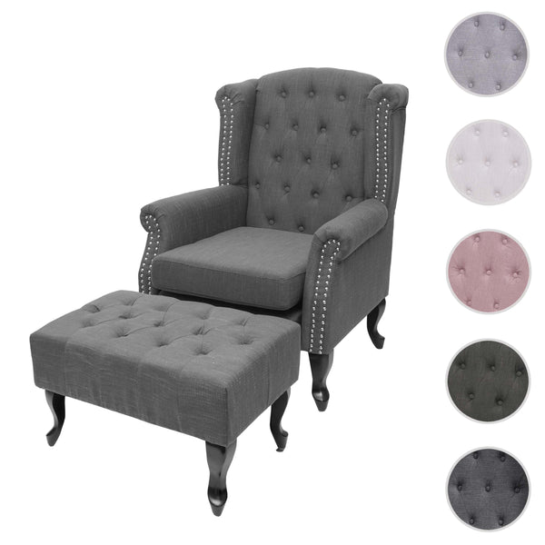 Chesterfield Sessel Ohrensessel Stoff dunkelgrau mit Ottomane