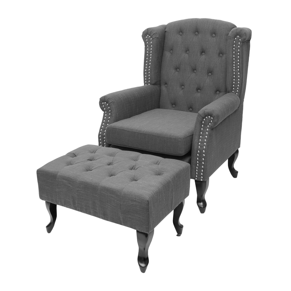 Chesterfield Sessel Ohrensessel Stoff dunkelgrau mit Ottomane