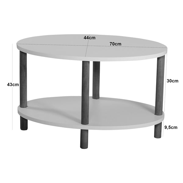 Tavolino da caffè Højreby con ripiano inferiore, 43x70x44cm, ovale, bianco