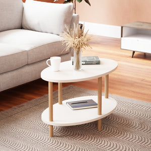 Tavolino da caffè Højreby con ripiano inferiore, 43x70x44cm, ovale, bianco