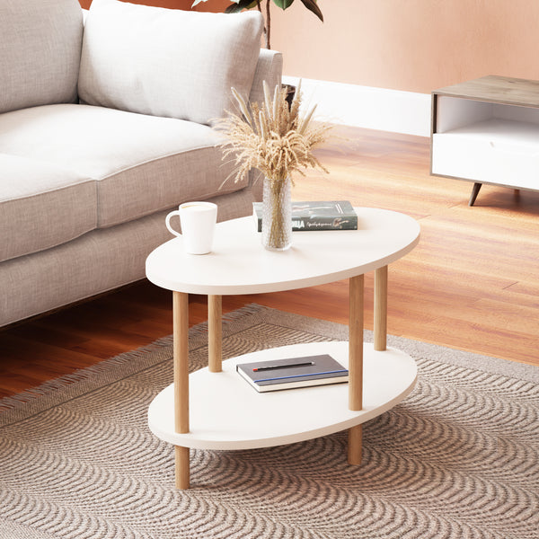 Tavolino da caffè Højreby con ripiano inferiore, 43x70x44cm, ovale, bianco