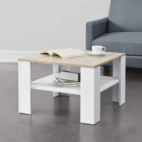 Tavolino da caffè Aachen 60x60x40 cm con ripiano, effetto bianco/rovere