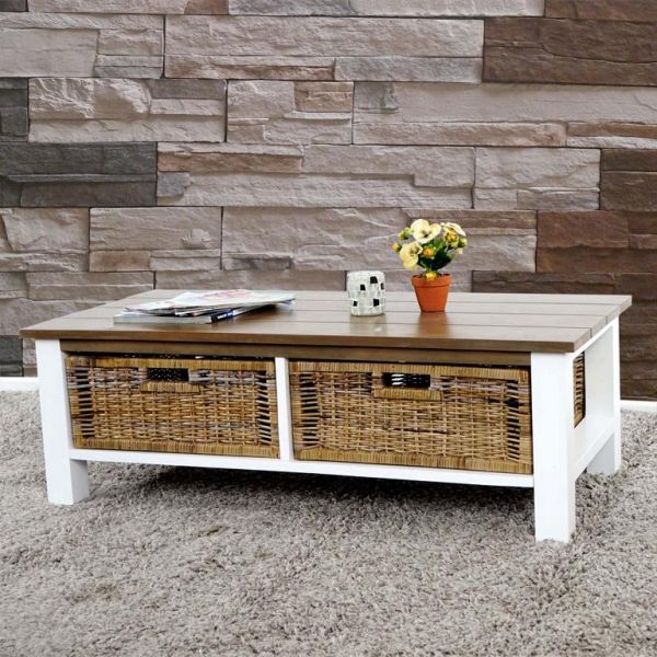 Couchtisch Tula Holztisch 38x112x52cm 2 Körbe