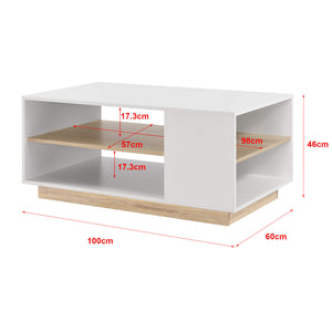 Tavolino Trelleborg 100x60x46 cm con 2 ripiani, bianco/rovere