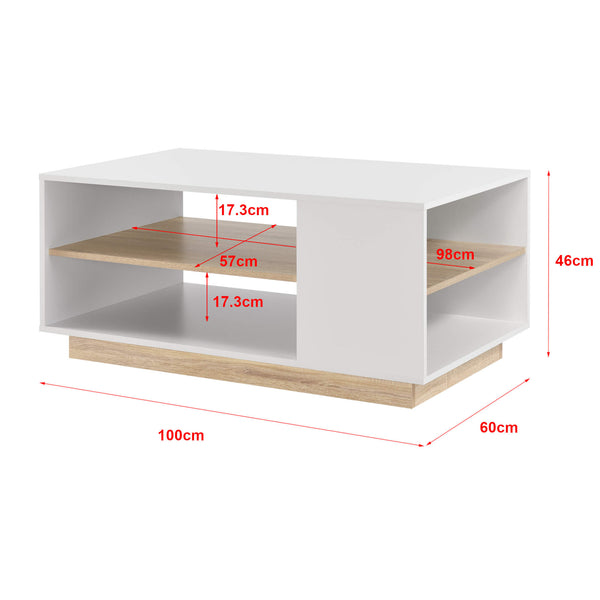 Tavolino Trelleborg 100x60x46 cm con 2 ripiani, bianco/rovere