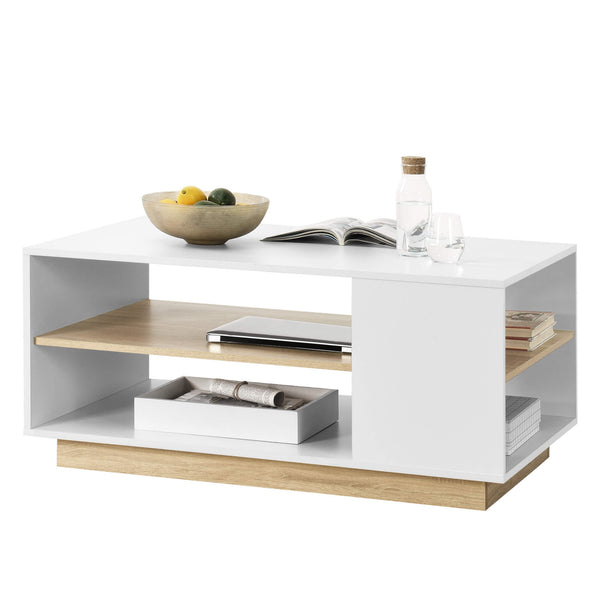 Tavolino Trelleborg 100x60x46 cm con 2 ripiani, bianco/rovere