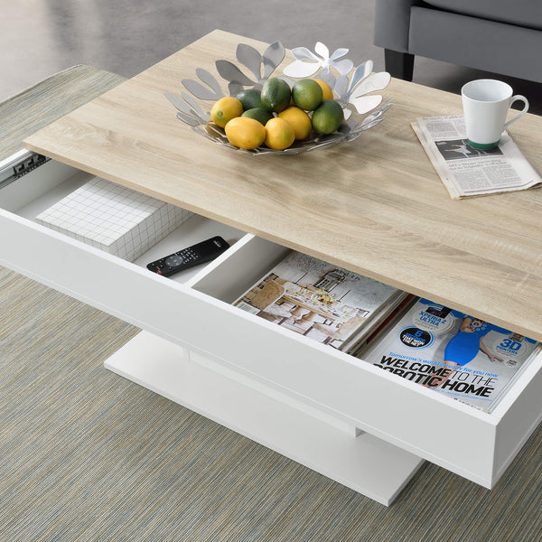 Tavolino Lünen 40x110x60cm con 2 scomparti portaoggetti, effetto rovere, bianco