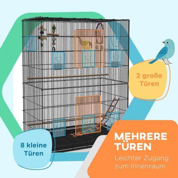 Vogelkäfig inklusive Sitzstangen, Vogelspielzeug, herausnehmbare Bodenwanne, Schwarz