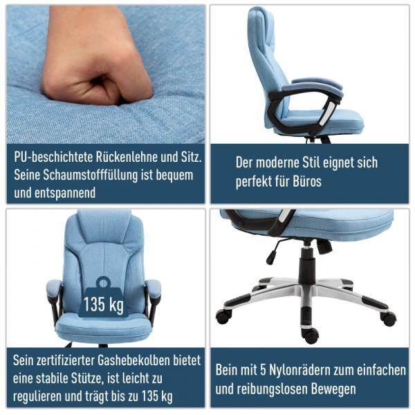 Bürostuhl Drehstuhl höhenverstellbar Wippfunktion und gepolsterte Armlehnen Ergonomisch Hellblau Leinen