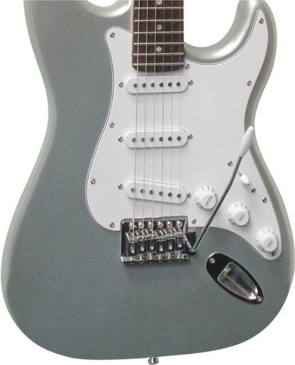 E-Gitarre Massivholz Silber mit Kabel