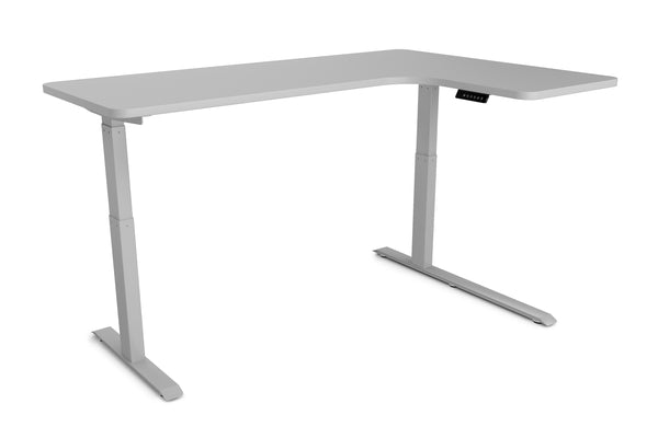 Electric standing desk, L-shaped, grey, 160 x 110 cm