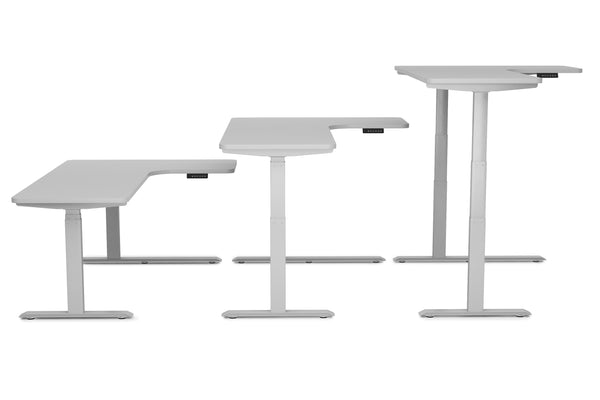 Electric standing desk, L-shaped, grey, 160 x 110 cm