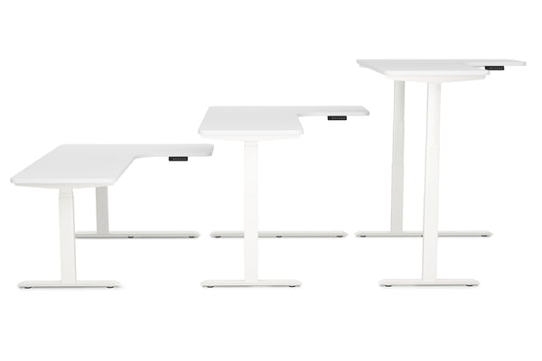 Electric standing desk, L-shaped, white, 160 x 110 cm