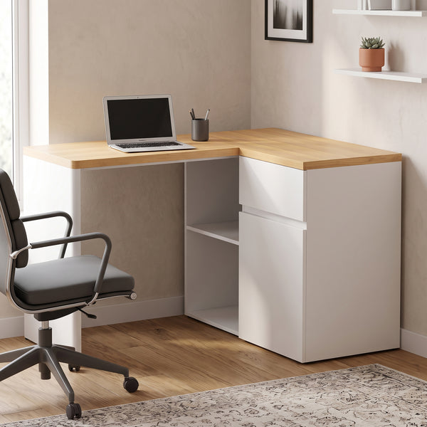 Eckschreibtisch ANHEL mit 2 Schubladen 117 x 90 x 76 cm natur/weiss