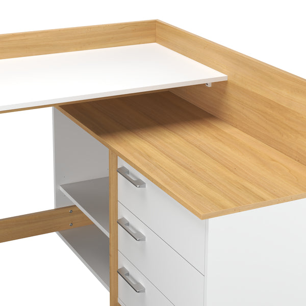 Eckschreibtisch KRANE mit 3 Schubladen 129 x 105 x 83 cm weiss/natur