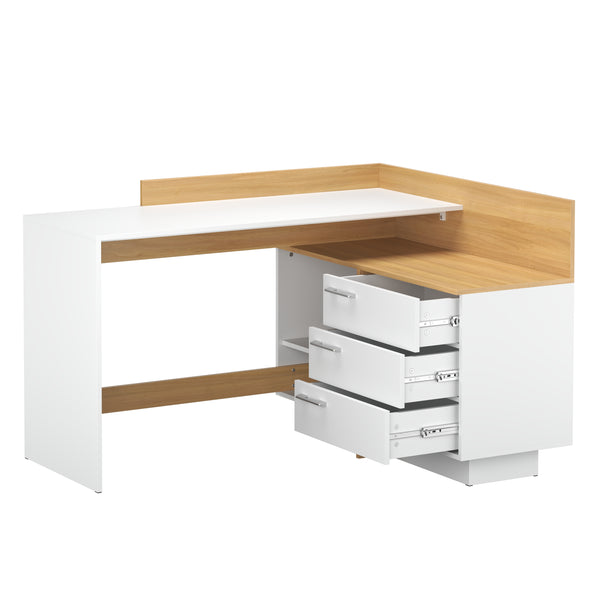 Eckschreibtisch KRANE mit 3 Schubladen 129 x 105 x 83 cm weiss/natur