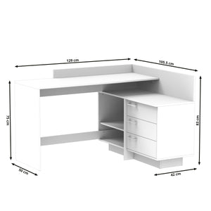 Eckschreibtisch KRANE mit 3 Schubladen 129 x 105 x 83 cm weiss/natur