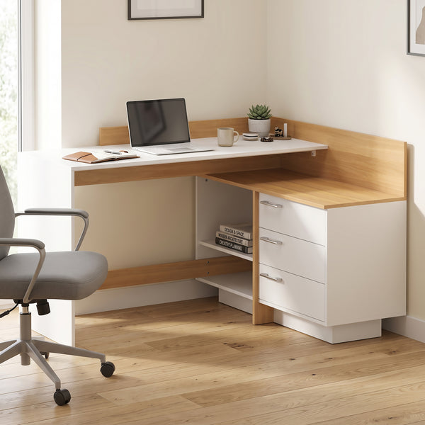 Eckschreibtisch KRANE mit 3 Schubladen 129 x 105 x 83 cm weiss/natur