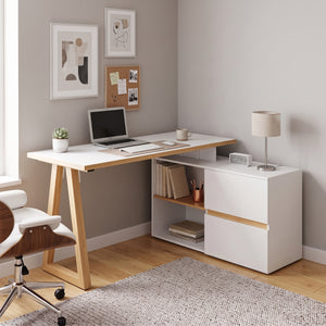 Eckschreibtisch TAUREN mit Schubladen 140 x 110 x 76 cm weiss/natur