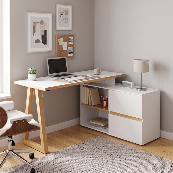Eckschreibtisch TAUREN mit Schubladen 140 x 110 x 76 cm weiss/natur