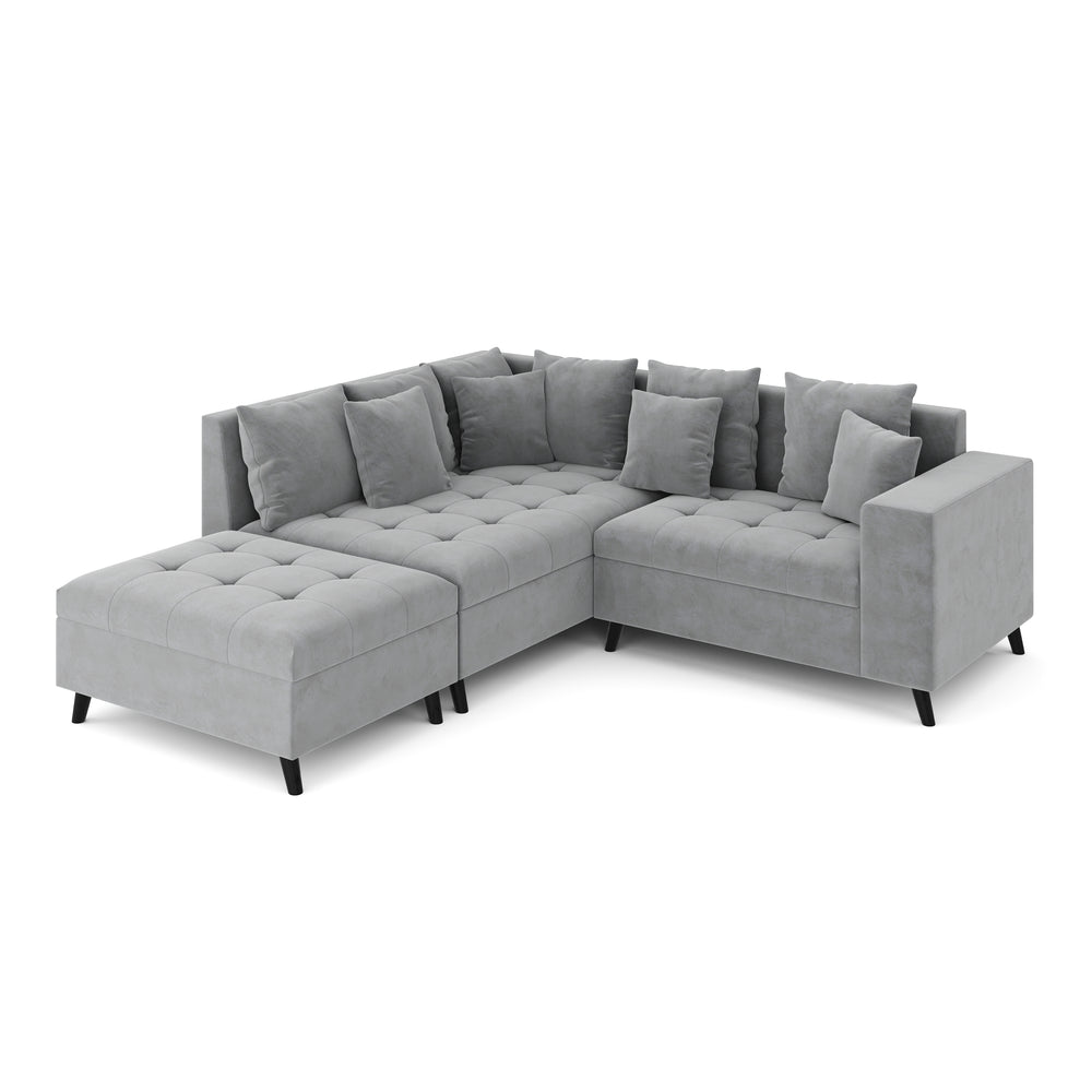 Divano angolare ELINA in velluto con pouf sinistro, grigio