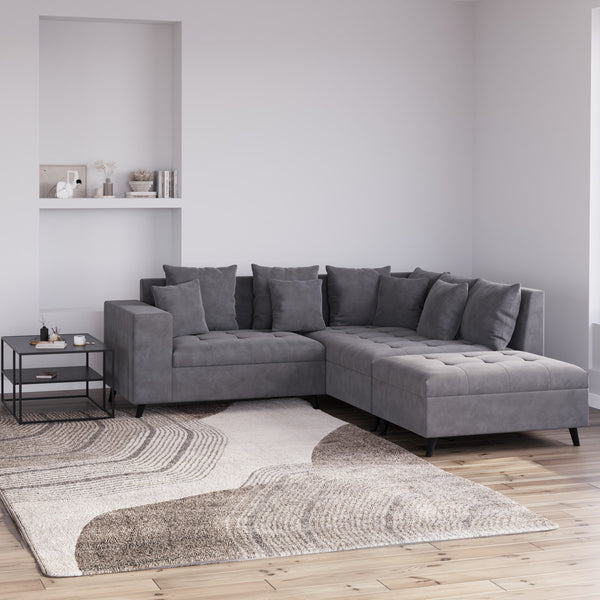 Ecksofa Samt mit Ottomane ELINA rechts anthrazit