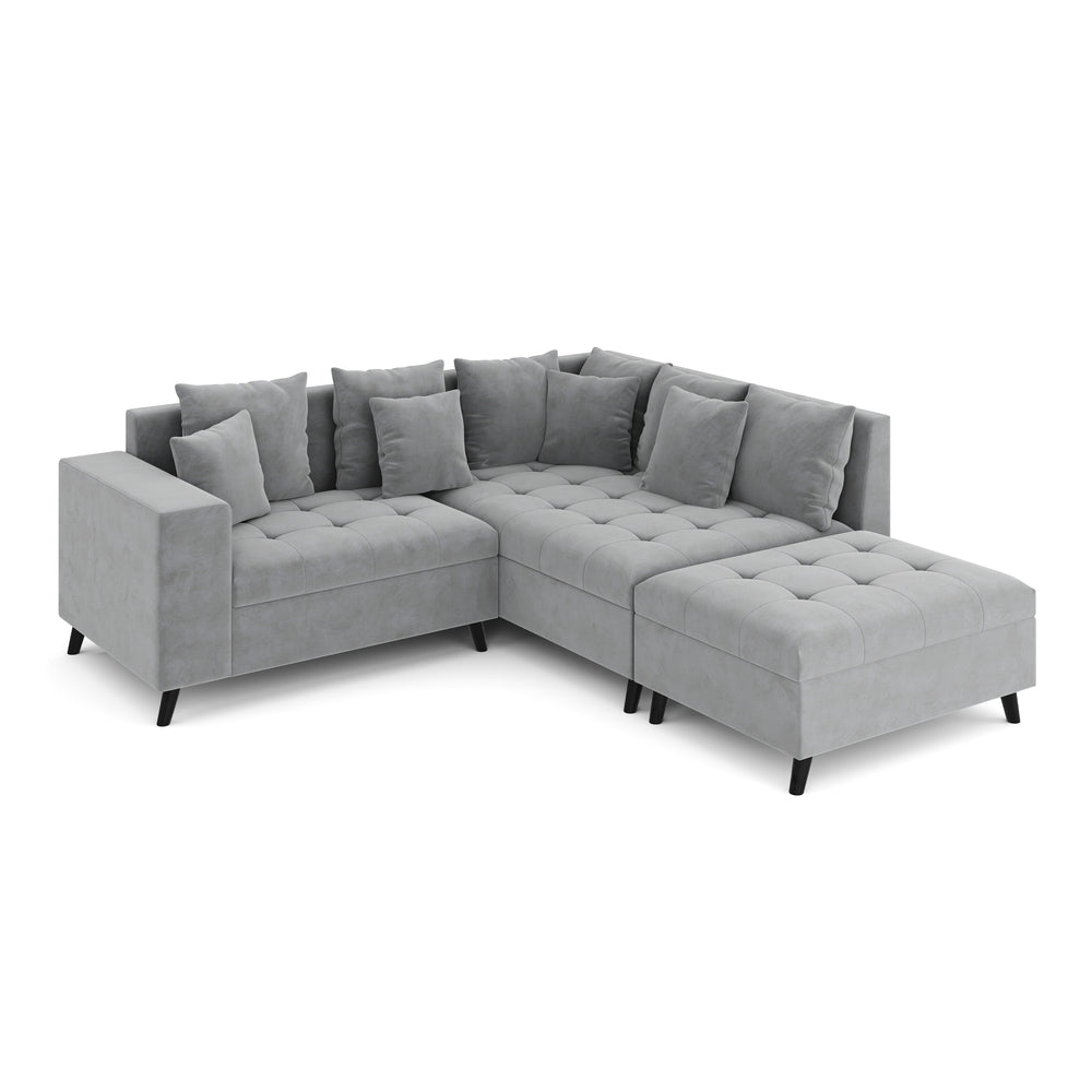 Divano angolare ELINA in velluto con pouf destro, grigio