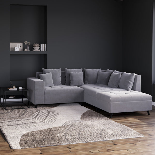 Ecksofa Samt mit Ottomane ELINA rechts grau