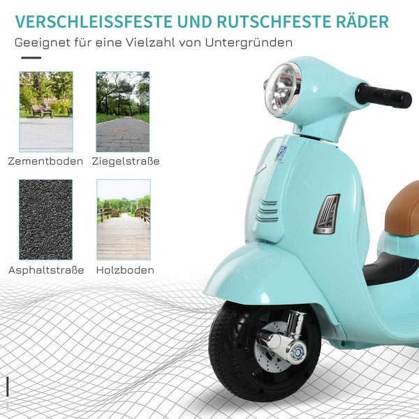 Elektro-Kindermotorrad Vespa mit Stützrädern türkis