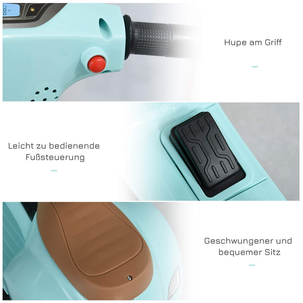 Elektro-Kindermotorrad Vespa mit Stützrädern türkis