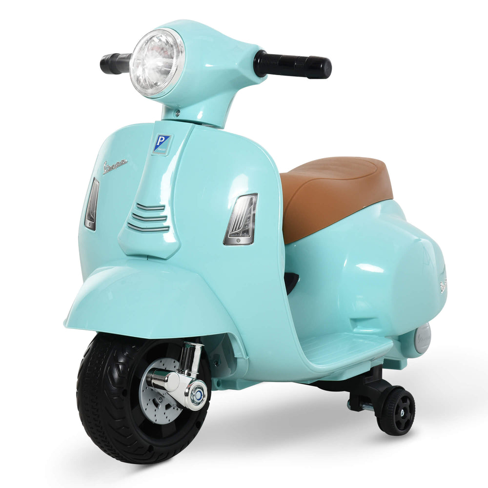 Elektro-Kindermotorrad Vespa mit Stützrädern türkis