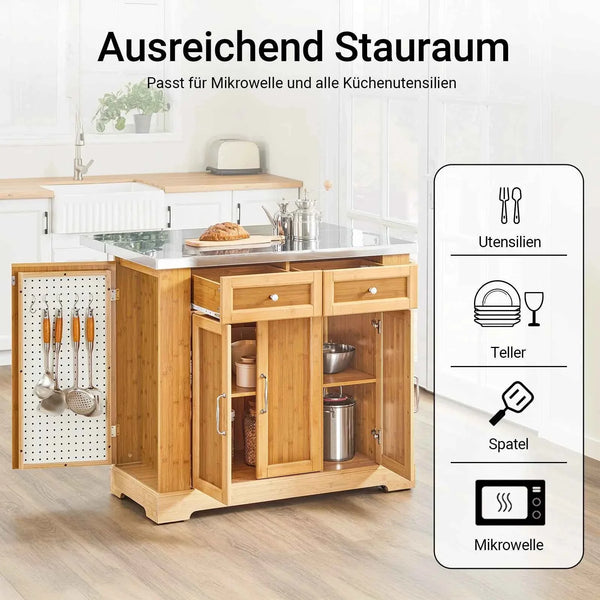 Kücheninsel | Küchenwagen mit erweiterbarer Arbeitsfläche | Küchenschrank Bambus