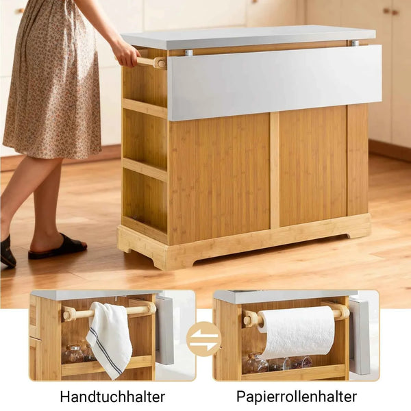 Kücheninsel | Küchenwagen mit erweiterbarer Arbeitsfläche | Küchenschrank Bambus