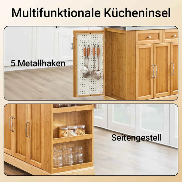 Kücheninsel | Küchenwagen mit erweiterbarer Arbeitsfläche | Küchenschrank Bambus