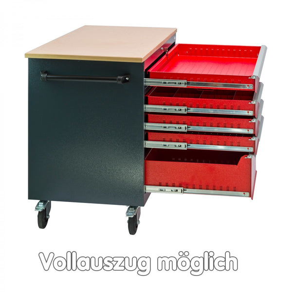 Dema - Mobile Werkbank Werktisch Transportwagen rot / anthrazit 5 Schubladen 1Tür