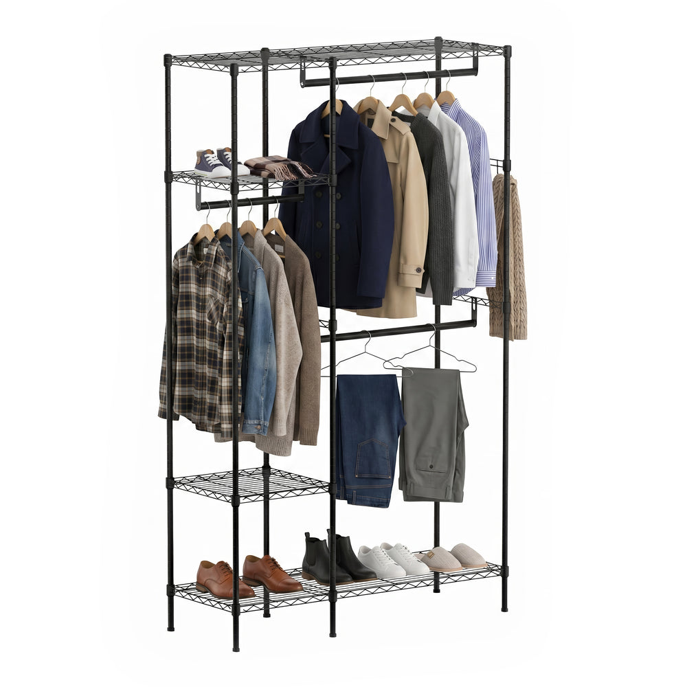 Garderobe Kleiderständer 114 x 195 cm mit 3 Stangen schwarz