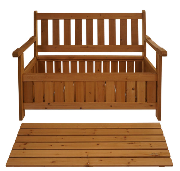 Gartenbank HWC-L68 mit Stauraum Outdoor Tanne Holz MVG 114cm braun