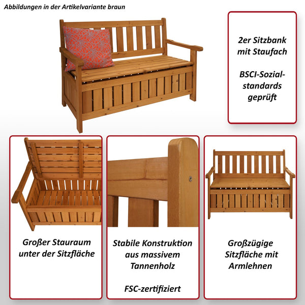 Gartenbank HWC-L68 mit Stauraum Outdoor Tanne Holz MVG 114cm braun