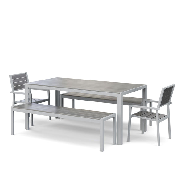 Tisch 180 cm + 2 Stühle + 2 Bänke, grau