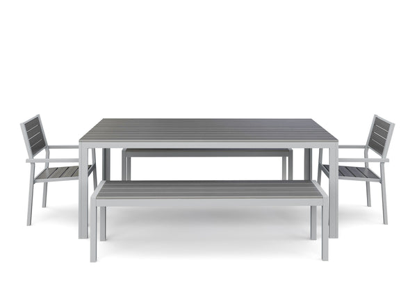 Tisch 200 cm + 2 Stühle + 2 Bänke, grau