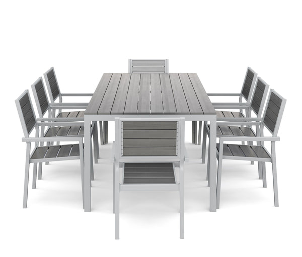 Tisch 200 cm + 8 Stühle, grau