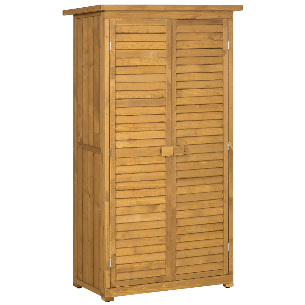 Mobiletto da giardino con tetto a falda e ante a persiana, in legno di abete, 87x46,5x160cm